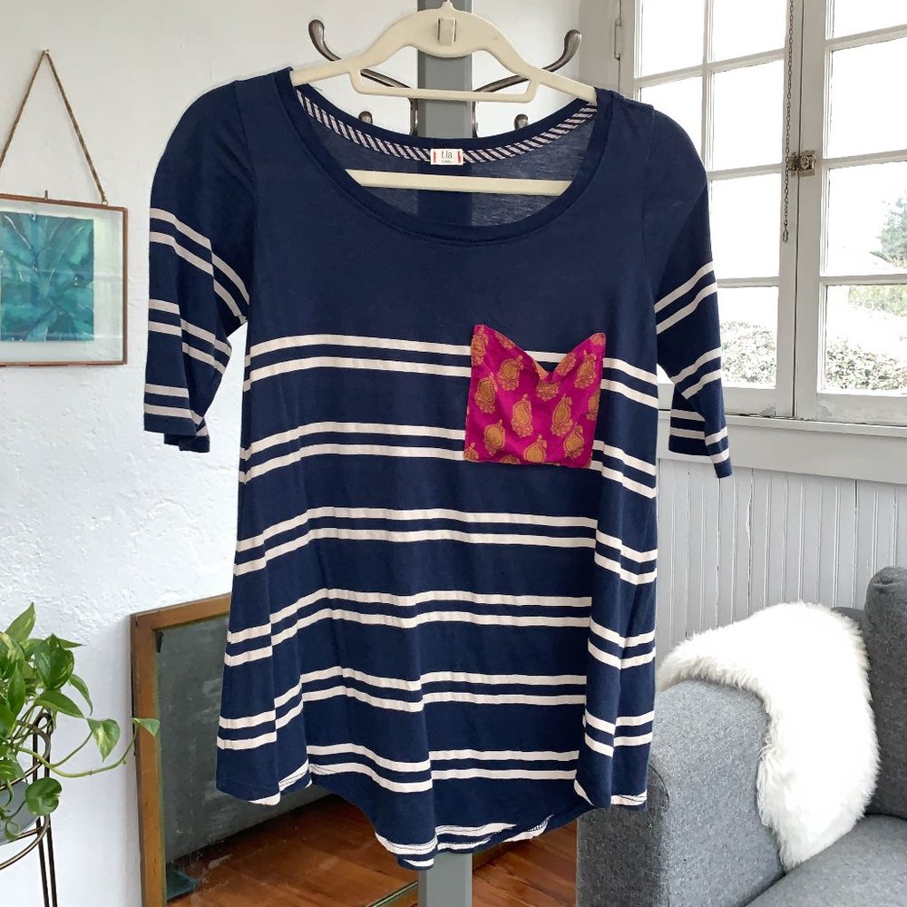 T.La Anthropologie navy shirt with accent pocket